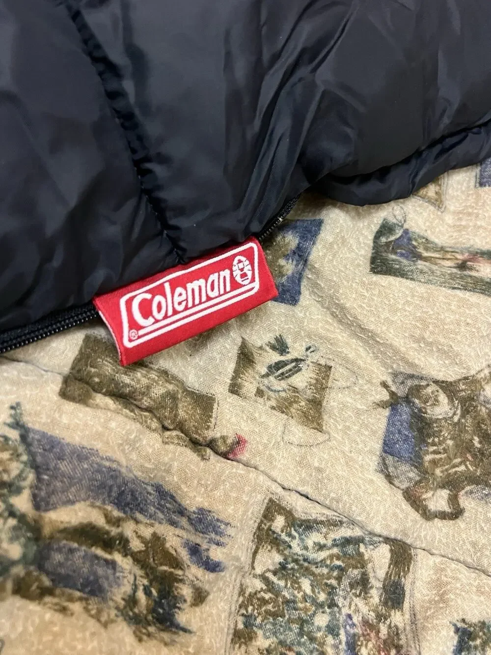 Vintage Coleman Black Sleeping Bag Fishing Theme Cotton Flannel inside 33x75